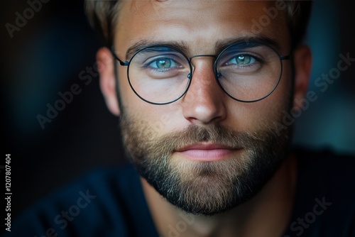 Handsome man with glasses and a beard outdoors during a golden hour in a city...