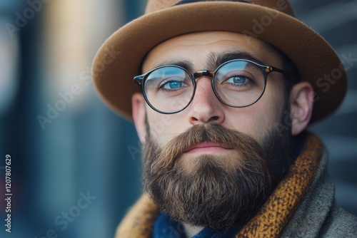 Stylish man with glasses and hat showcases winter fashion in urban setting