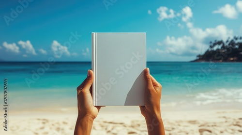People hands holding a white book mock-up with copy space in front of a beautiful beach , woman read a book on the beach in summer concept image