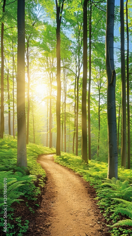 Fototapeta premium A sunlit forest path surrounded by lush greenery, showcasing the beauty of nature in a tranquil, inviting setting.
