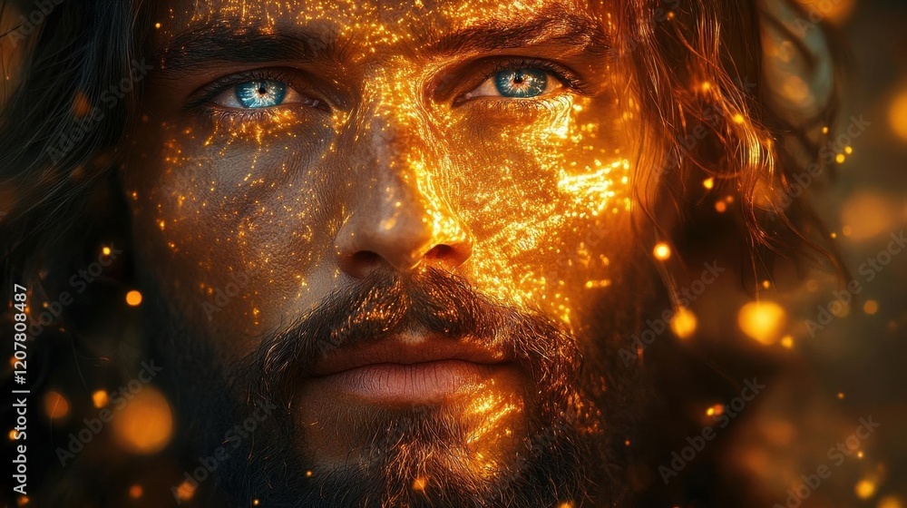majestic portrait of christ figure with cosmic universe reflected in eyes surrounded by ethereal golden light and floating sacred symbols majestic portrait of christ figure with cosmic universe reflected in eyes surrounded by ethereal golden light and floating sacred symbols