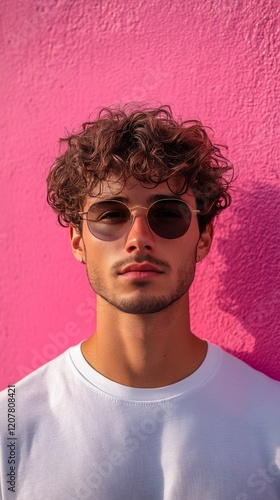 Young man with curly hair poses against a vibrant pink wall in an urban setti...