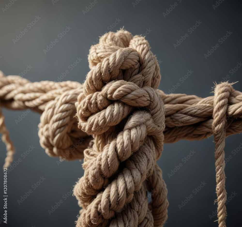 Close-up of a knotted rope with frayed ends and overhanging threads, damaged textile, frayed rope, rusty machinery parts Close-up of a knotted rope with frayed ends and overhanging threads, damaged textile, frayed rope, rusty machinery parts