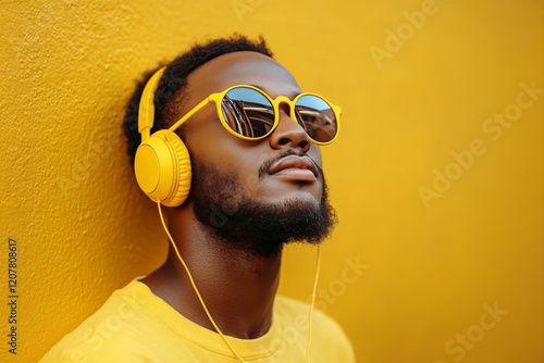 Stylish man wearing yellow accessories and headphones in urban setting during...