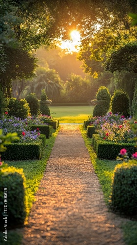 Sunset illuminating a peaceful garden path with lush greenery and vibrant flo...