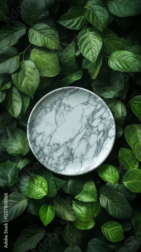 Marble plate surrounded by fresh green leaves in a natural setting