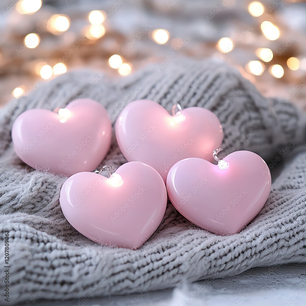 pastel pink hearts in minimalistic scene Five pink heart-shaped decorations on a surface Cute pink heart candles on cozy blanket. pastel pink hearts in minimalistic scene Five pink heart-shaped decorations on a surface Cute pink heart candles on cozy blanket.