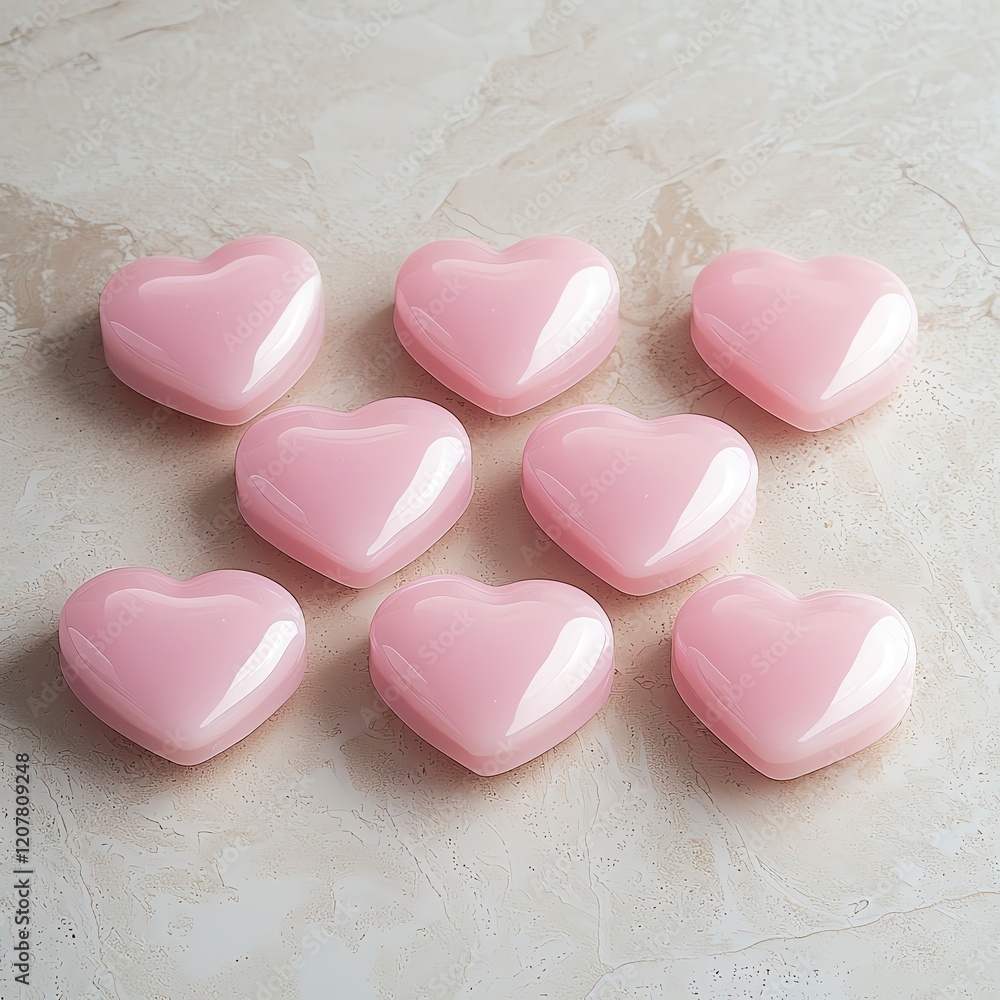 Fototapeta premium pastel pink hearts in minimalistic scene Five pink heart-shaped decorations on a surface Cute pink heart-shaped candies on a surface.