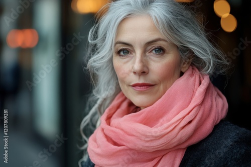 Elegant woman in a pink scarf enjoying a city stroll during golden hour