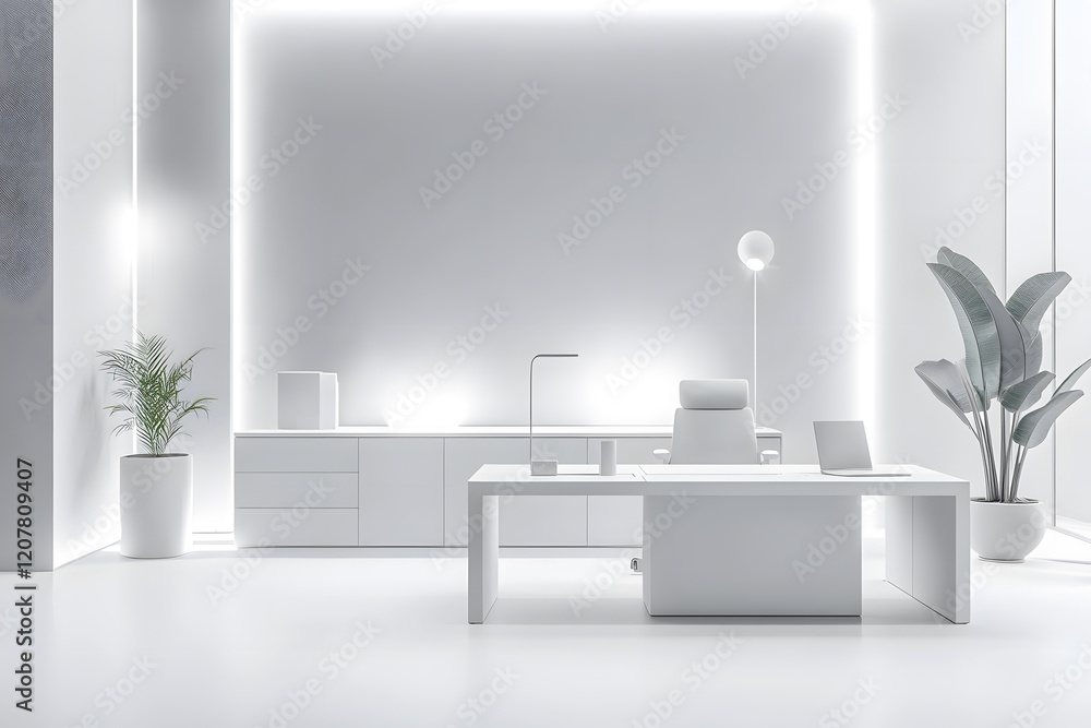 Fototapeta premium A minimalist illustration of a modern office in white and gray tones, featuring sleek furniture and subtle lighting, creating a serene and focused workspace ideal for productivity.
