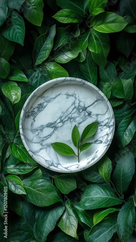 Marble plate surrounded by fresh green leaves in a natural setting