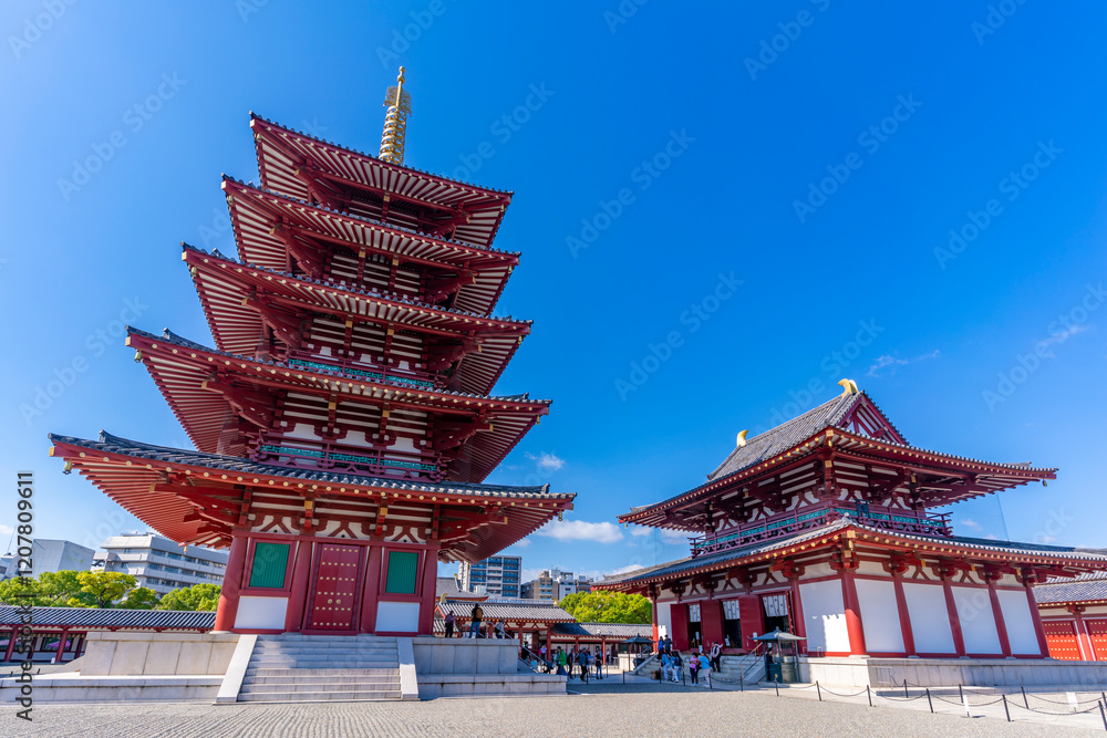 View of Shitenno-ji Gojunoto (Five Story Pagoda) and Shitenno-ji Kondo (Golden Hall) on sunny day, Shitennoji, Tennoji Ward, Osaka, Honshu, Japan
