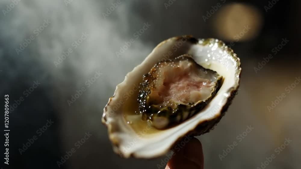 Oyster in smoke vertical video. Slow motion video. Fresh raw open oyster Oyster in smoke vertical video. Slow motion video. Fresh raw open oyster
