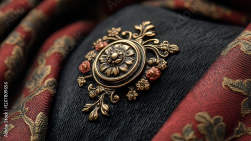 Elegant antique brooch featuring intricate floral design on dark fabric backg...