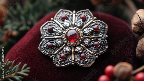 Elegant antique brooch featuring intricate floral design on dark fabric backg...