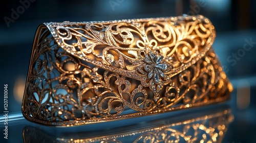 Intricately designed golden evening clutch displayed in soft lighting