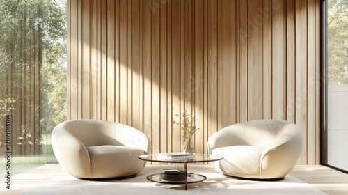 A modern lounge area featuring two beige armchairs and a glass coffee table set against a wooden-paneled wall. photo