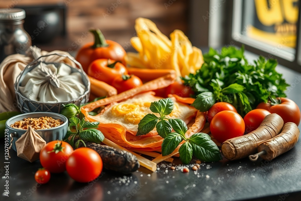 Vibrant Culinary Ingredients Displayed on Rustic Kitchen Table Vibrant Culinary Ingredients Displayed on Rustic Kitchen Table