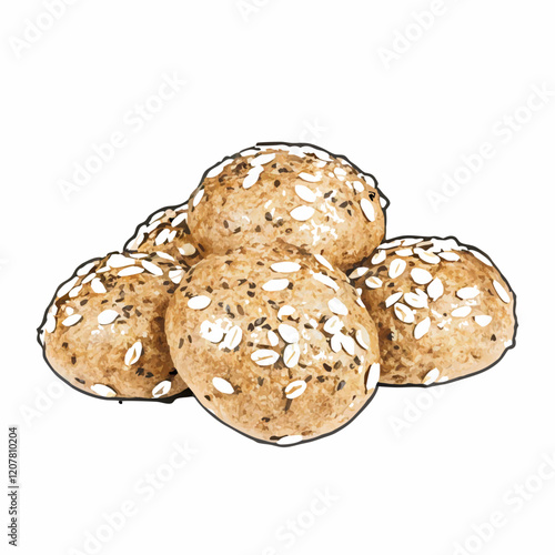 Buns with oat flakes and sesame seeds isolated vector illustration (3)
