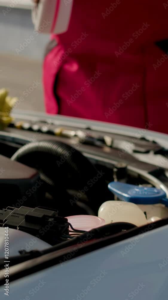Mechanic pours coolant into expansion tank of vehicle Mechanic pours coolant into expansion tank of vehicle