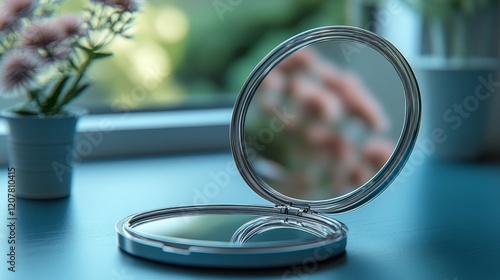 Elegant handheld mirror reflecting soft light near blooming flowers on a table