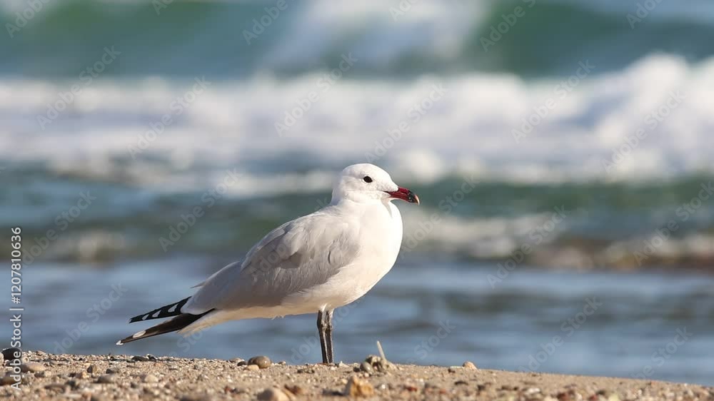 Gaviota audouin Ichthyaetus audouinii en la playa con fondo del mar mediterráneo rompiendo en la orilla, Alicante, España Gaviota audouin Ichthyaetus audouinii en la playa con fondo del mar mediterráneo rompiendo en la orilla, Alicante, España