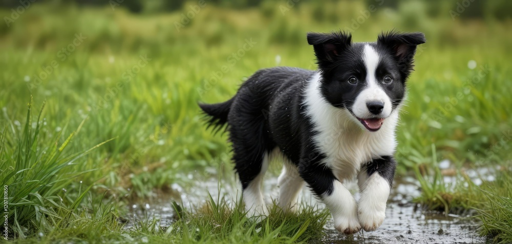 Black and white Border Collie puppy running in the wet grass field, black and white border collie, playful dog Black and white Border Collie puppy running in the wet grass field, black and white border collie, playful dog
