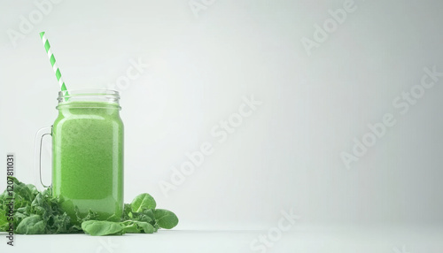 Wallpaper Mural Fresh green juice in mason jar with striped straw, surrounded by leafy greens, evokes sense of health and vitality. Perfect for refreshing drink Torontodigital.ca