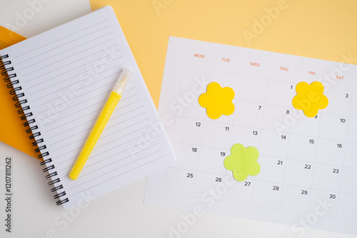 Monthly calendar. Calendar with date on paper. Day planner. Schedule of the week, month and year. Modern organizer. Business diary. Deadline reminder. Daily event management. Template and grid photo