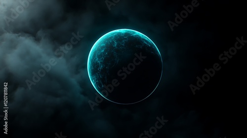 Dark planet, glowing teal, cosmic clouds, night sky, science fiction background