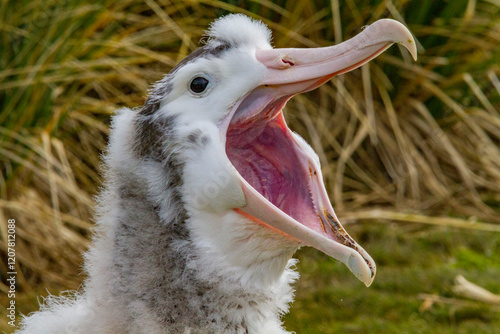 Wandering albatross (Diomedea exulans) chick at breeding colony on Prion Island, Bay of Isles, South Georgia photo