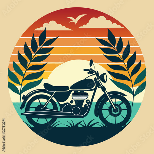summer motorcycle leaves silhouette on Retro Vintage Background Vector Illustration T-shirt design Art