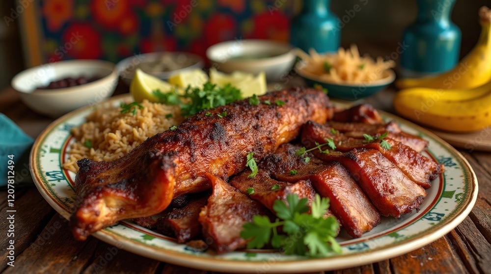 Mouth-watering platter of traditional lechon asado served at a festive gathering Mouth-watering platter of traditional lechon asado served at a festive gathering