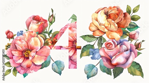 Elegant Number 4 with Watercolor Roses, Flowers, and Leaf - Perfect for Designs