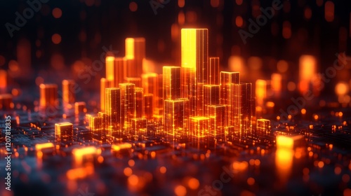 Futuristic cityscape with glowing skyscrapers set in a dark environment at night