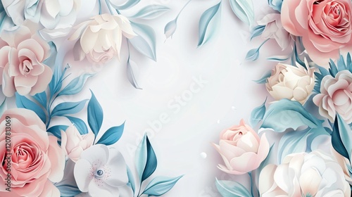 Elegant Paper Art Style White Frame Watercolor Flowers Professional Image