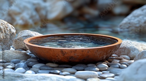 Tranquil water bowl surrounded by pebbles in a lush garden setting on a sunny...