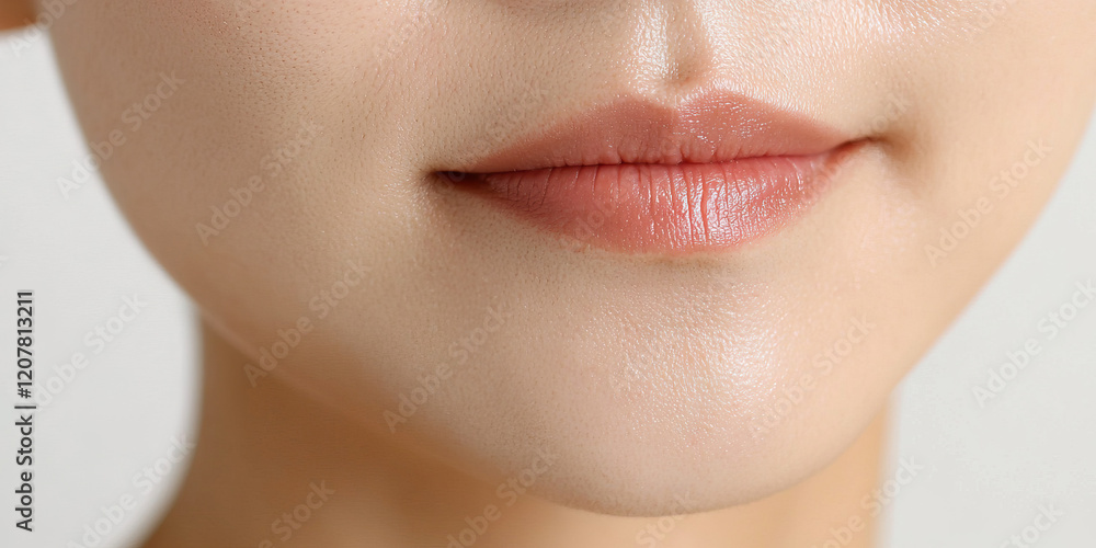 Close-up of Woman's Lips and Chin with Nude Lipstick Close-up of Woman's Lips and Chin with Nude Lipstick