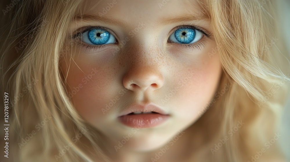 Close-up Portrait of a Young Girl with Striking Blue Eyes and Blonde Hair, Indoors Close-up Portrait of a Young Girl with Striking Blue Eyes and Blonde Hair, Indoors