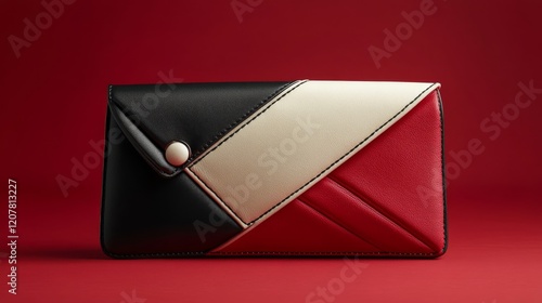 Black and white wallet on a red background showcasing modern accessory design...