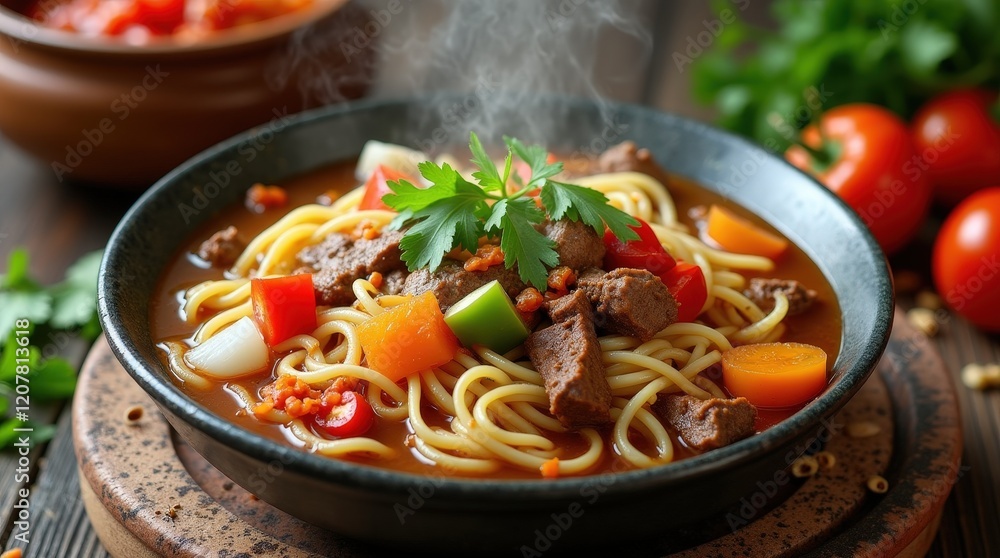 Delicious bowl of lagman with colorful vegetables and tender meat served hot Delicious bowl of lagman with colorful vegetables and tender meat served hot