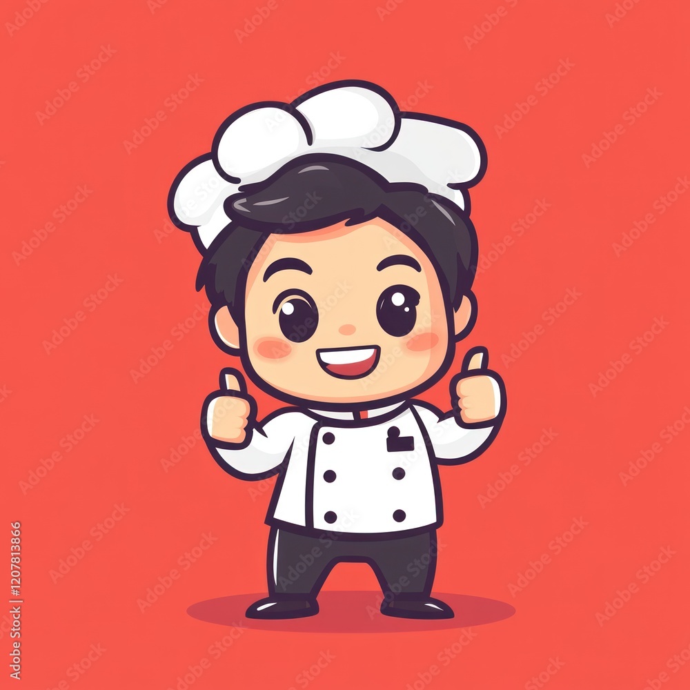 Cartoon chef in white uniform gives thumbs up against solid red, food-themed marketing Cartoon chef in white uniform gives thumbs up against solid red, food-themed marketing