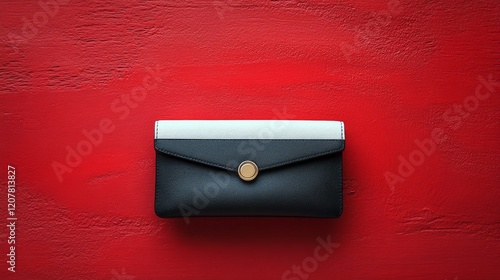 Black and white wallet on a red background showcasing modern accessory design...