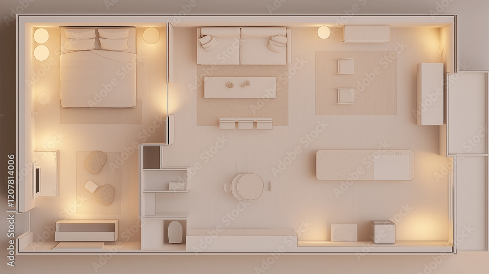 Stylish bedroom layout featuring a cozy bed, soft lighting, and elegant decor, designed for comfort and tranquility Stylish bedroom layout featuring a cozy bed, soft lighting, and elegant decor, designed for comfort and tranquility