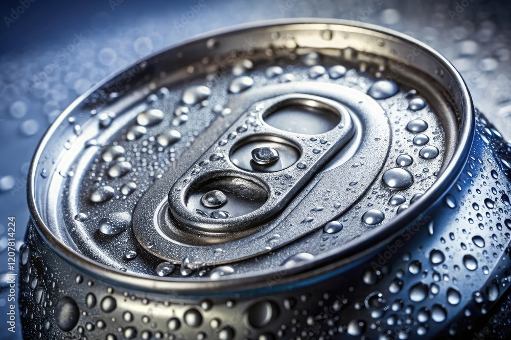 Close-up of a cold soda can with condensation on the outside, beverage packaging, metallic surface Close-up of a cold soda can with condensation on the outside, beverage packaging, metallic surface