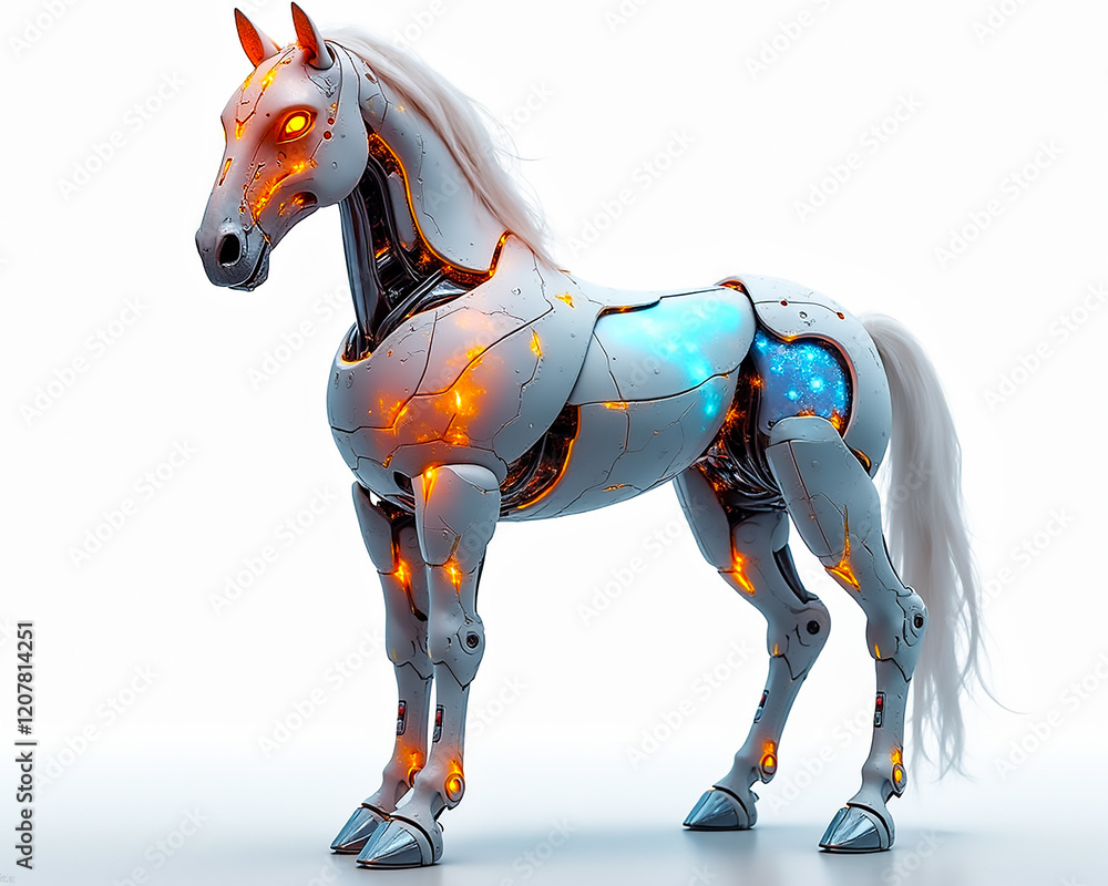 A highly detailed, futuristic horse with a robotic structure and glowing elements stands prominently against a plain white background. Its design blends technology with equine grace. A highly detailed, futuristic horse with a robotic structure and glowing elements stands prominently against a plain white background. Its design blends technology with equine grace.