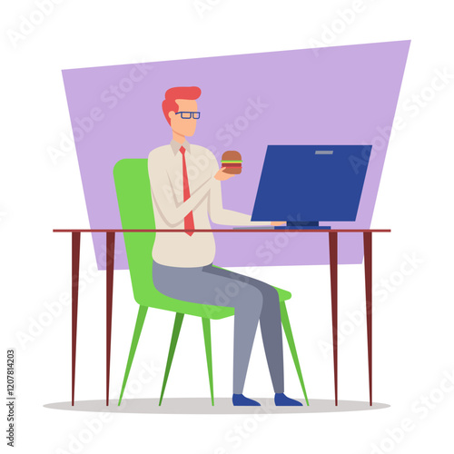 Professional man sitting at desk in office, holding burger while working on computer. Busywork concept