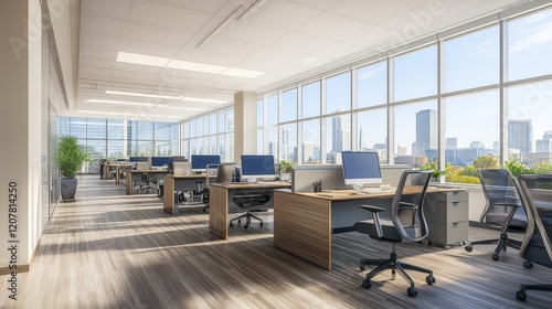 A modern open-plan office featuring desks and computers, complemented by large windows offering a city skyline view. photo