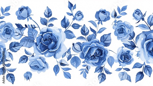 Elegant Seamless Border Pattern with Indigo Roses and Leaves