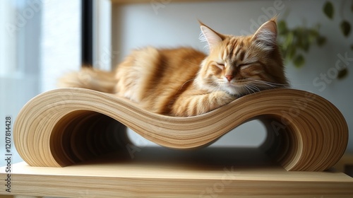 Cozy orange cat resting on a modern wood wave-shaped cat bed in a bright room